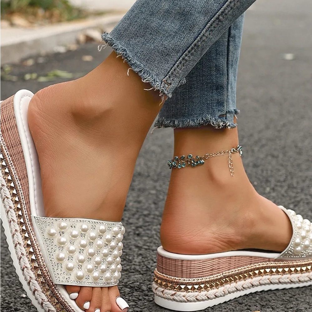 Pearl-Embellished White Platform Slide Sandals